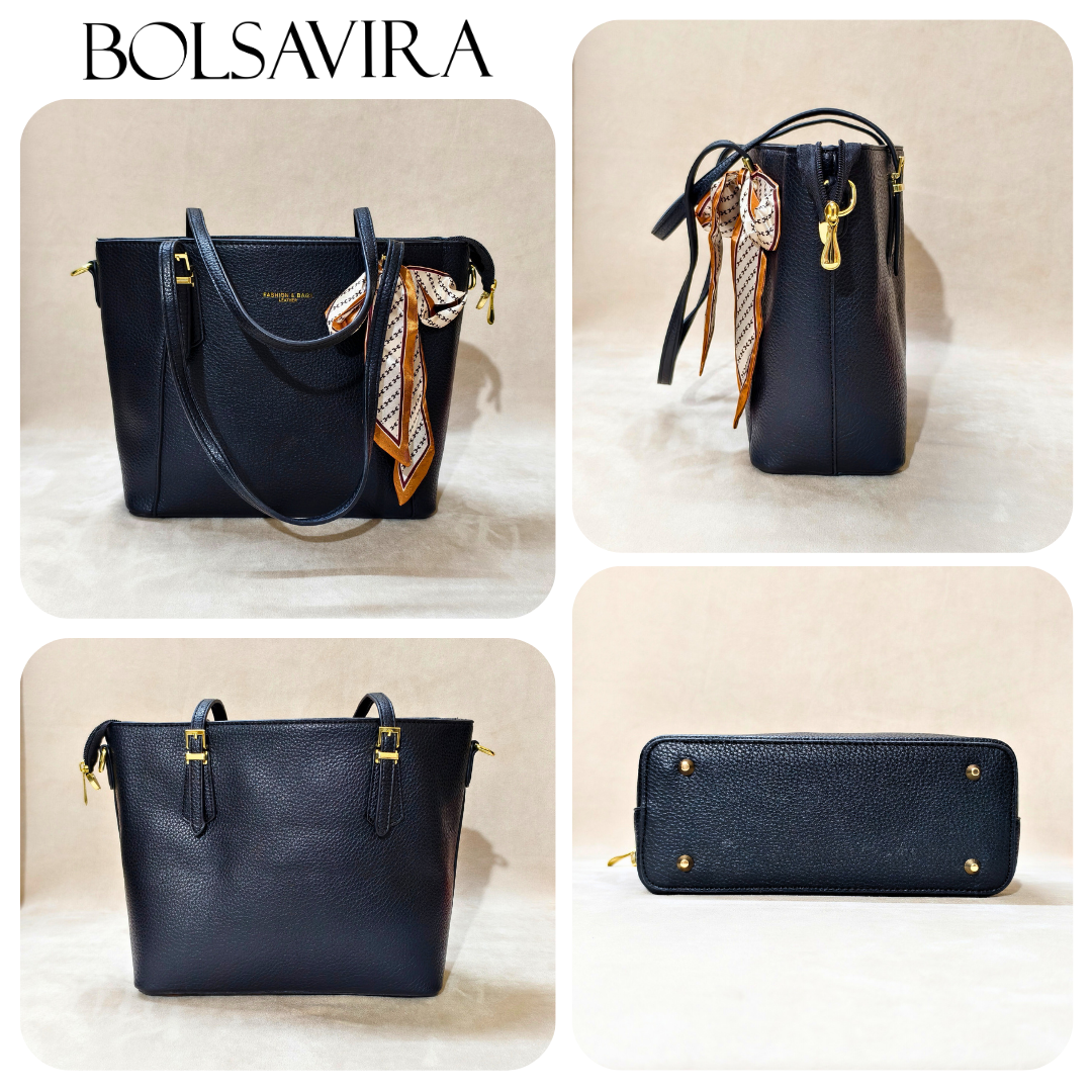 Collage of black handbags with a scarf, featuring the brand 'BOLSAVIRA'.