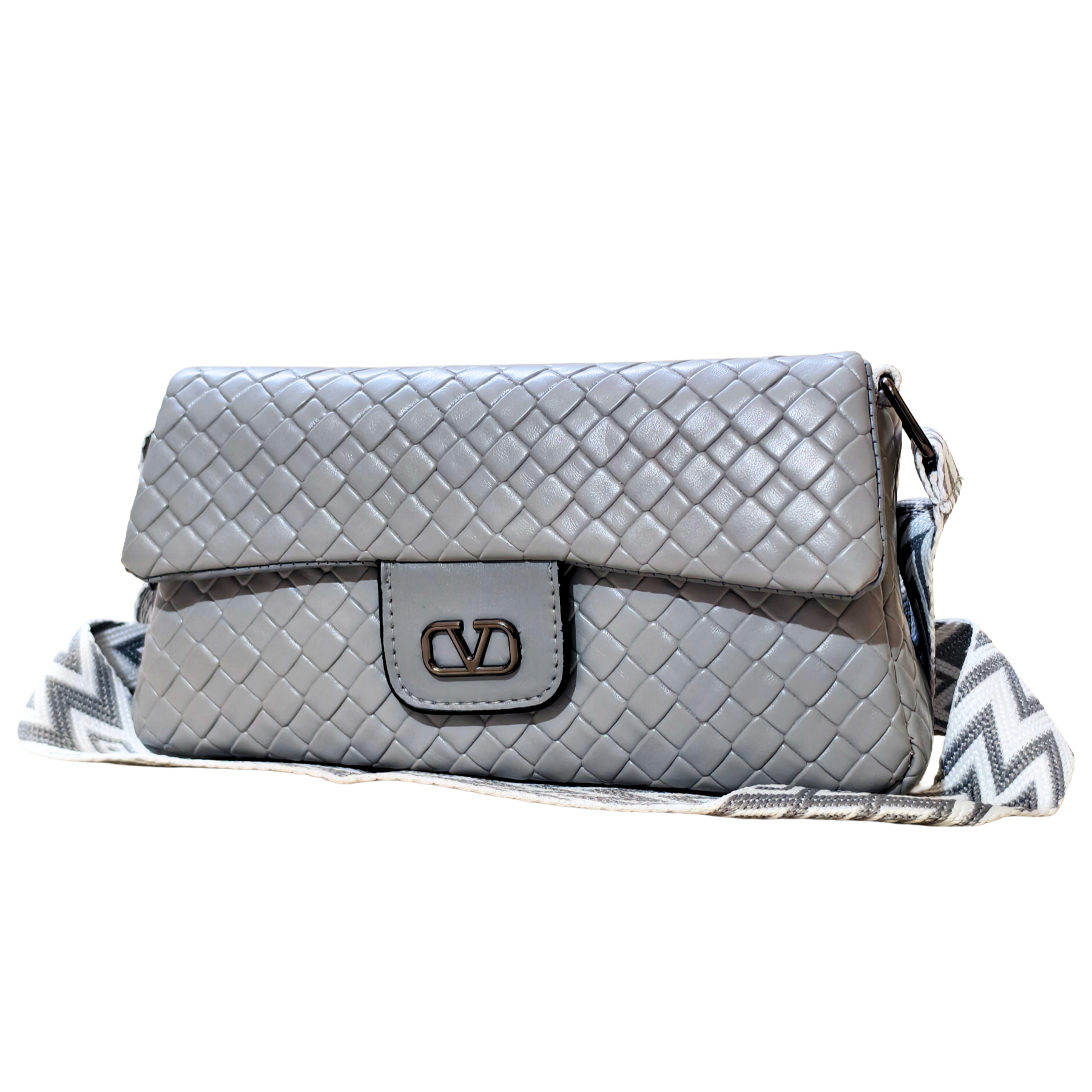 Gray quilted handbag with a strap on a white background