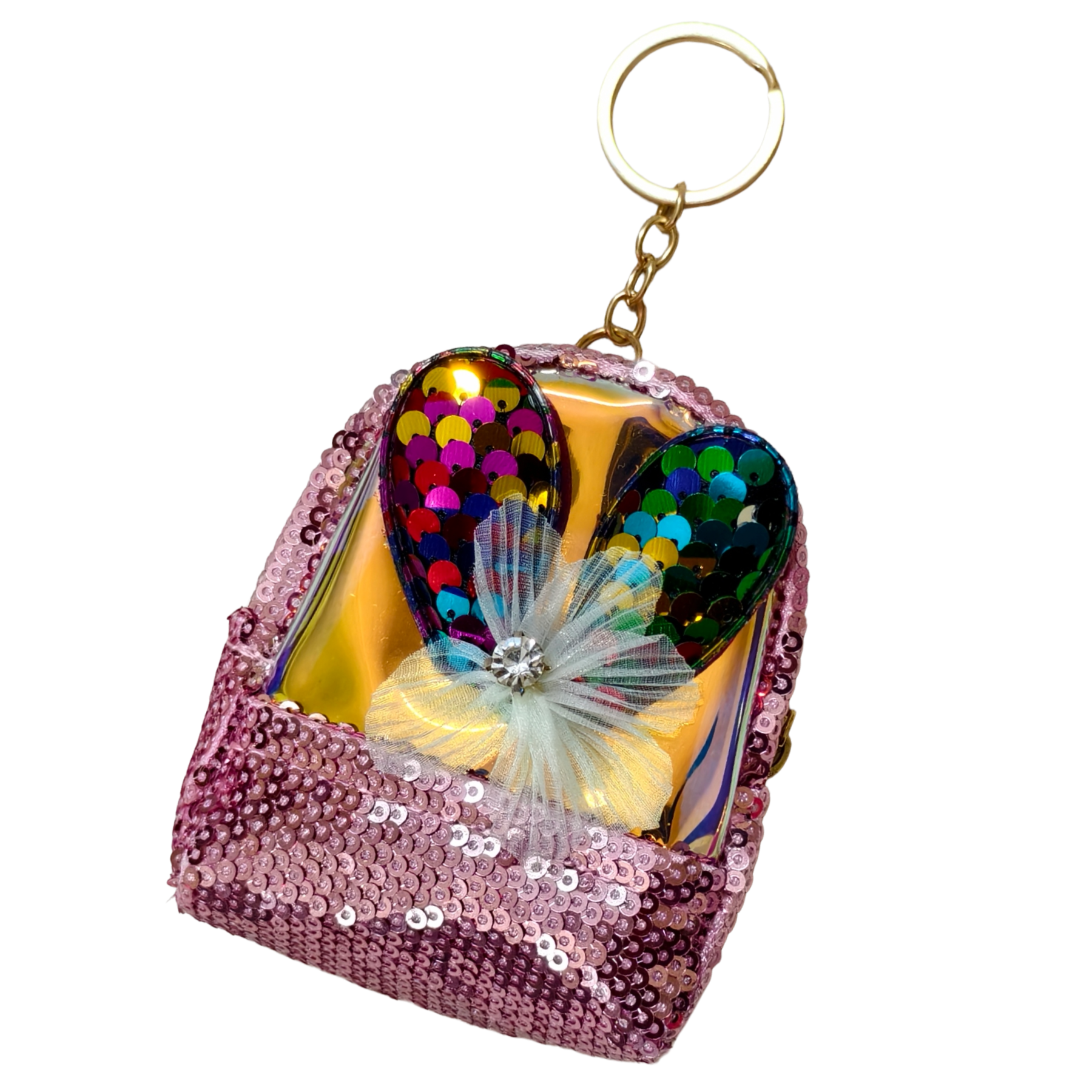 Sparkly pink handbag keychain with colorful heart design on a white background