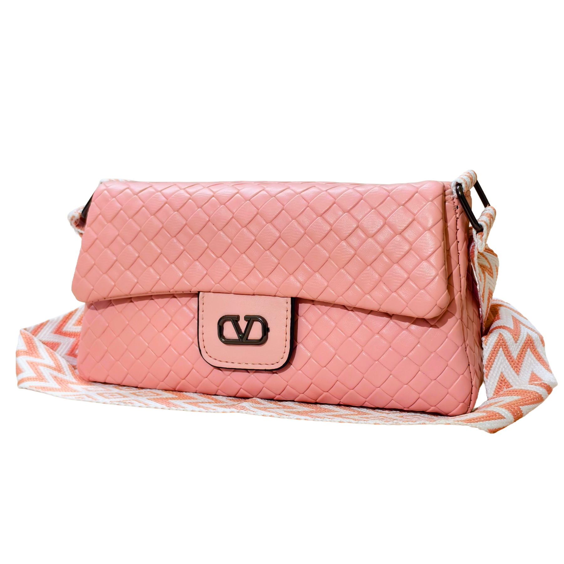 Pink quilted handbag with a strap on a white background
