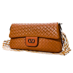 Brown woven handbag with a strap on a white background
