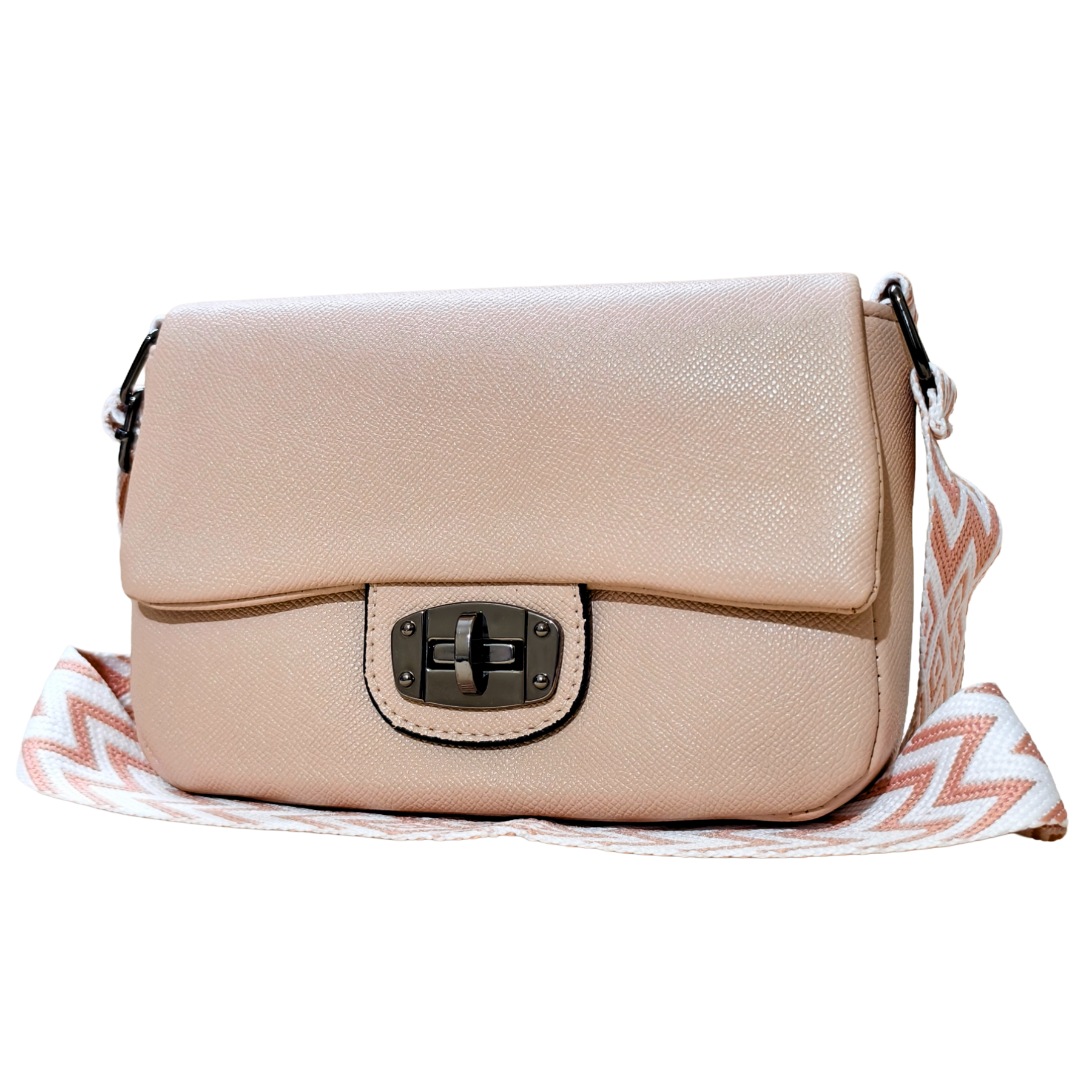 Beige handbag with a strap on a white background