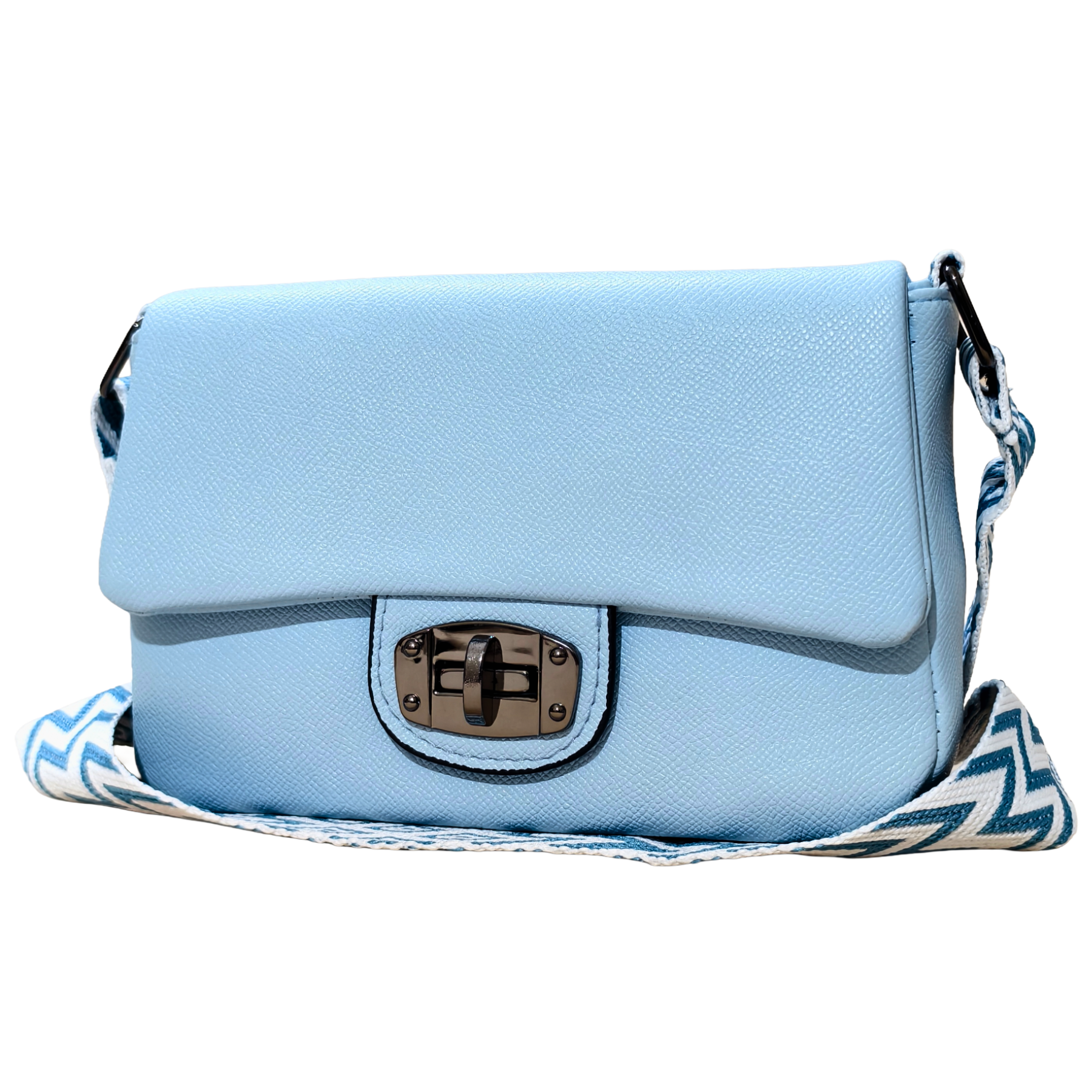 Light blue handbag with a decorative strap on a white background