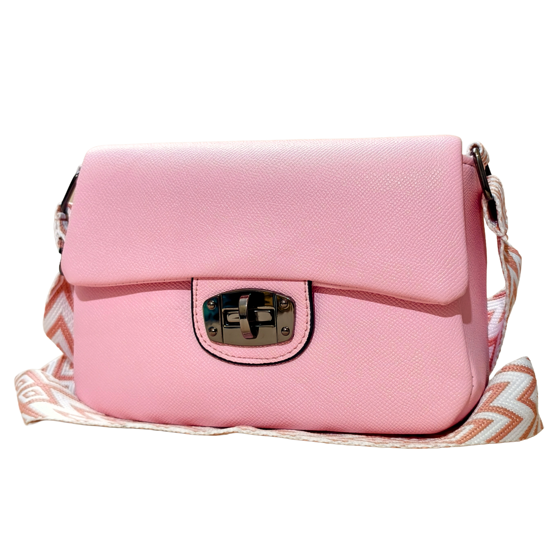 Pink handbag with a strap on a white background