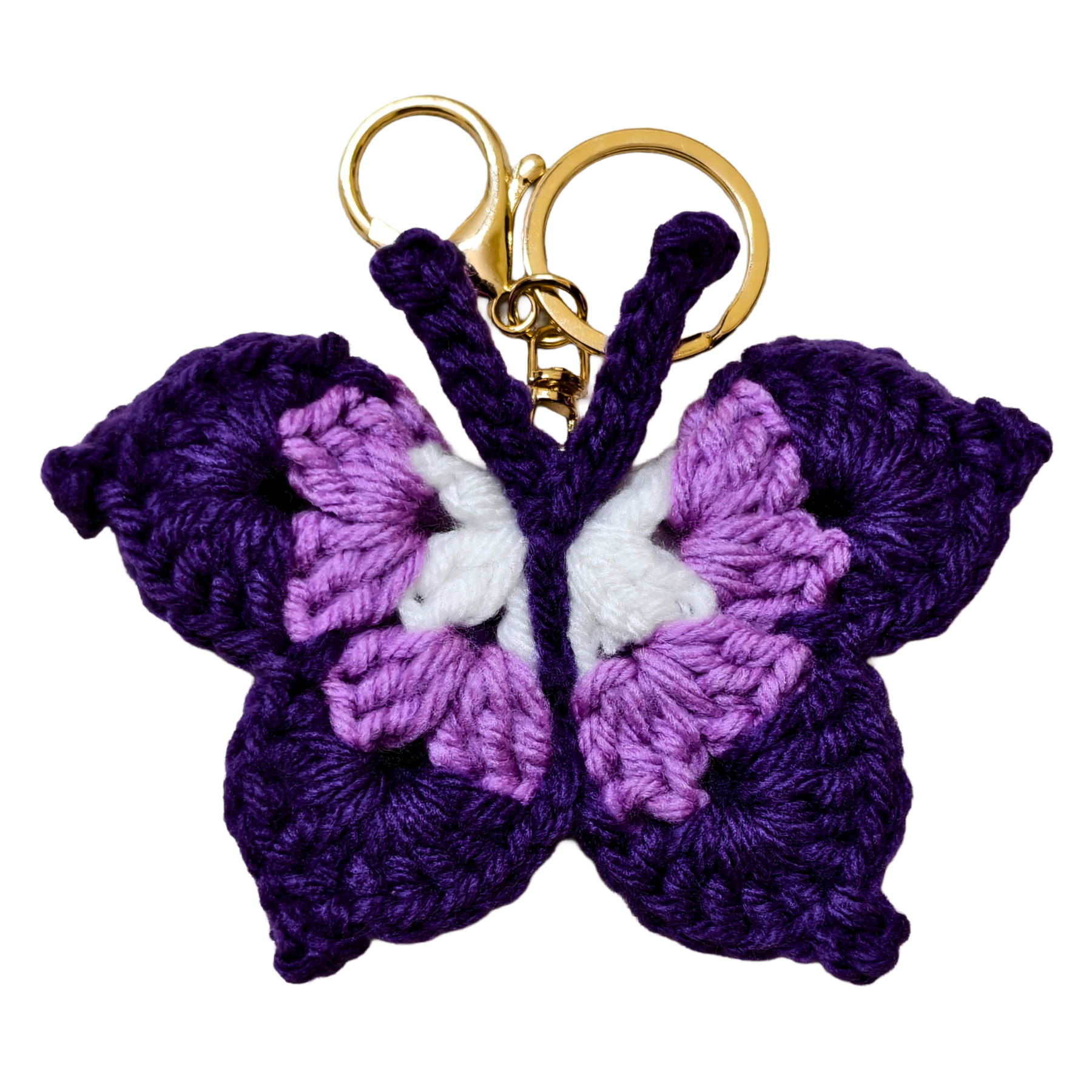 Purple Butterfly Handmade Crochet Keychain Charms, Sunflower Butterfly Heart Rose Designs, Acrylic Cotton Wool Blend, Gold-Tone Lobster Clasp, Bag Charm Accessory For Handbags