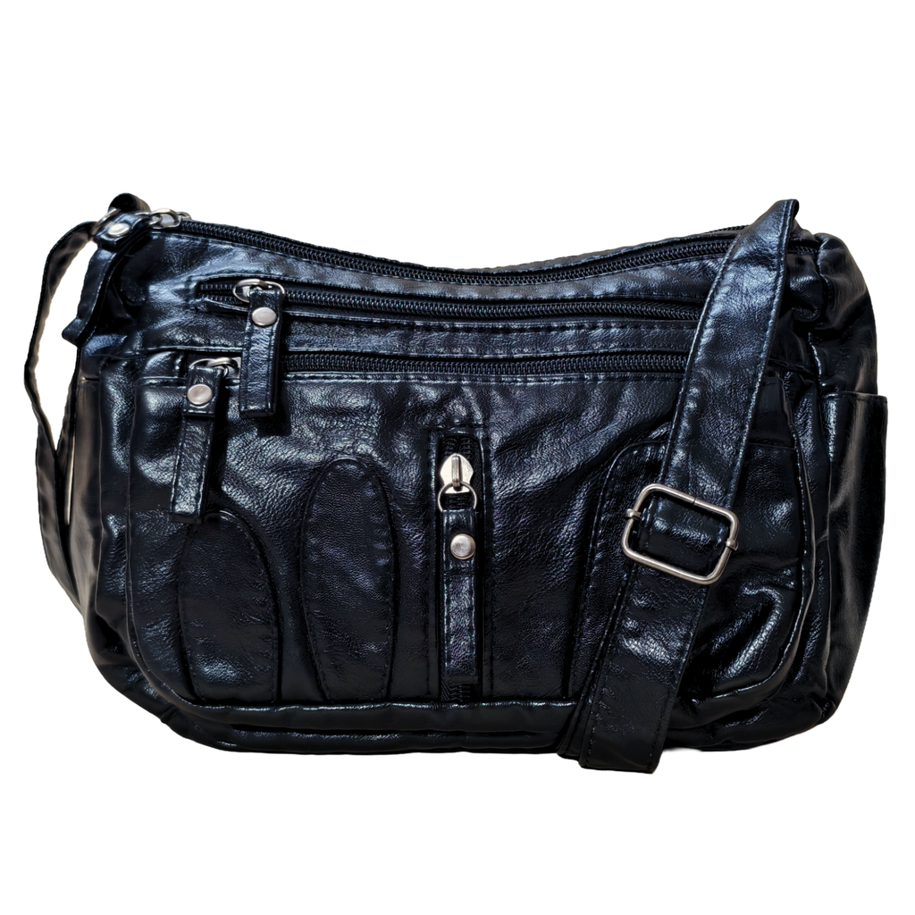 Black leather handbag with multiple zippers on a white background