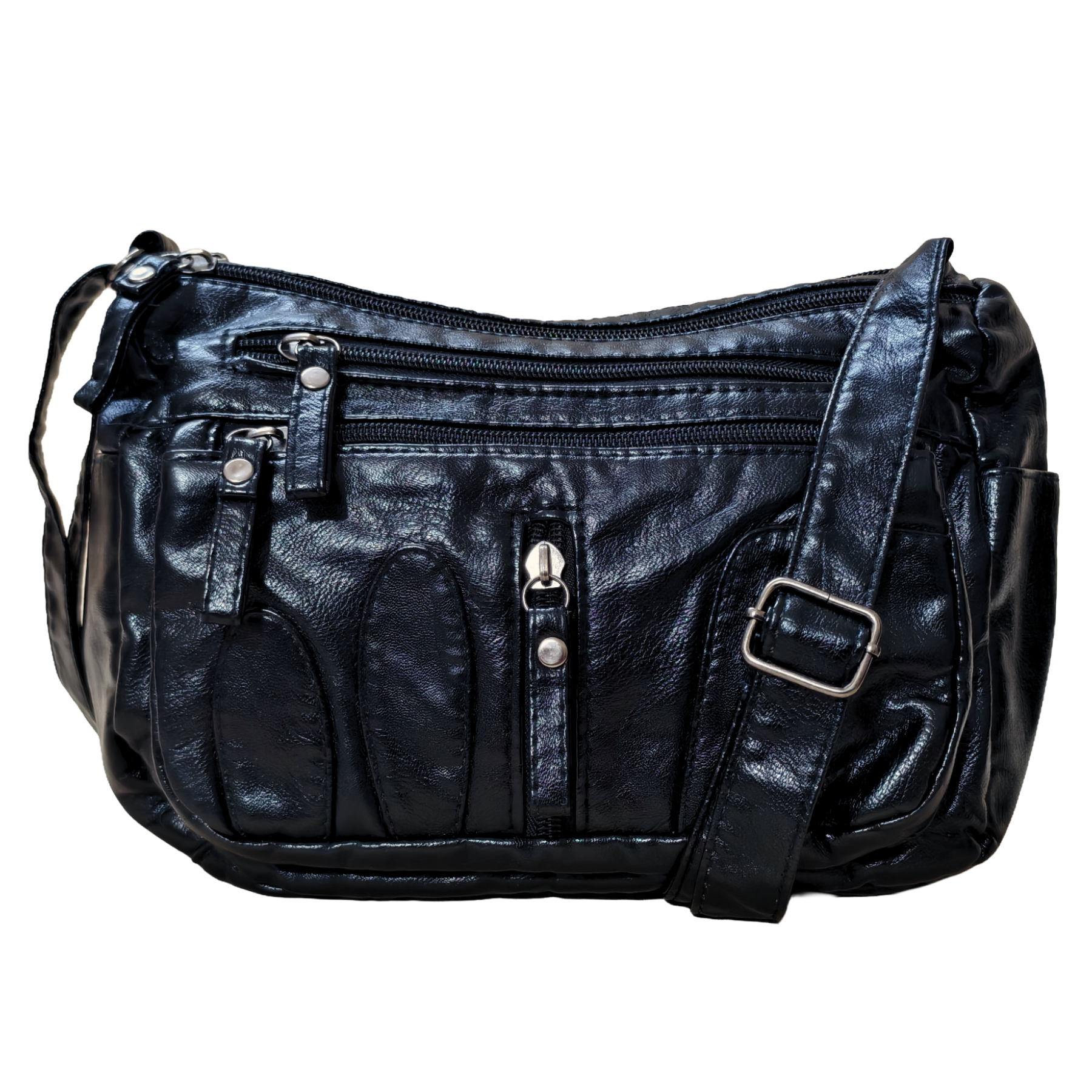 Black leather handbag with multiple zippers on a white background