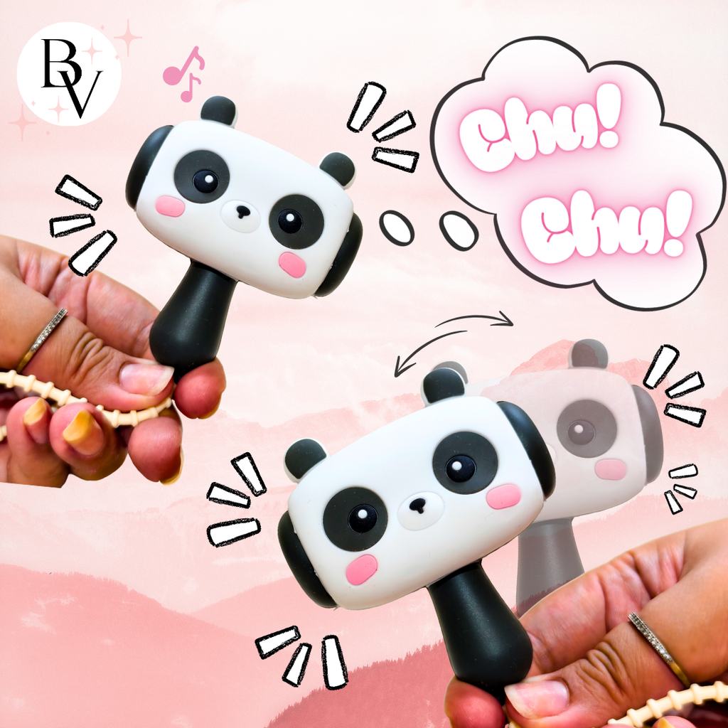 Two panda-shaped pull toys held by hands with a pink background and 'Chu! Chu!' text.