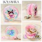 Collage of a pink and clear pouch with cartoon character design, featuring the brand 'BOLSAVIRA'.