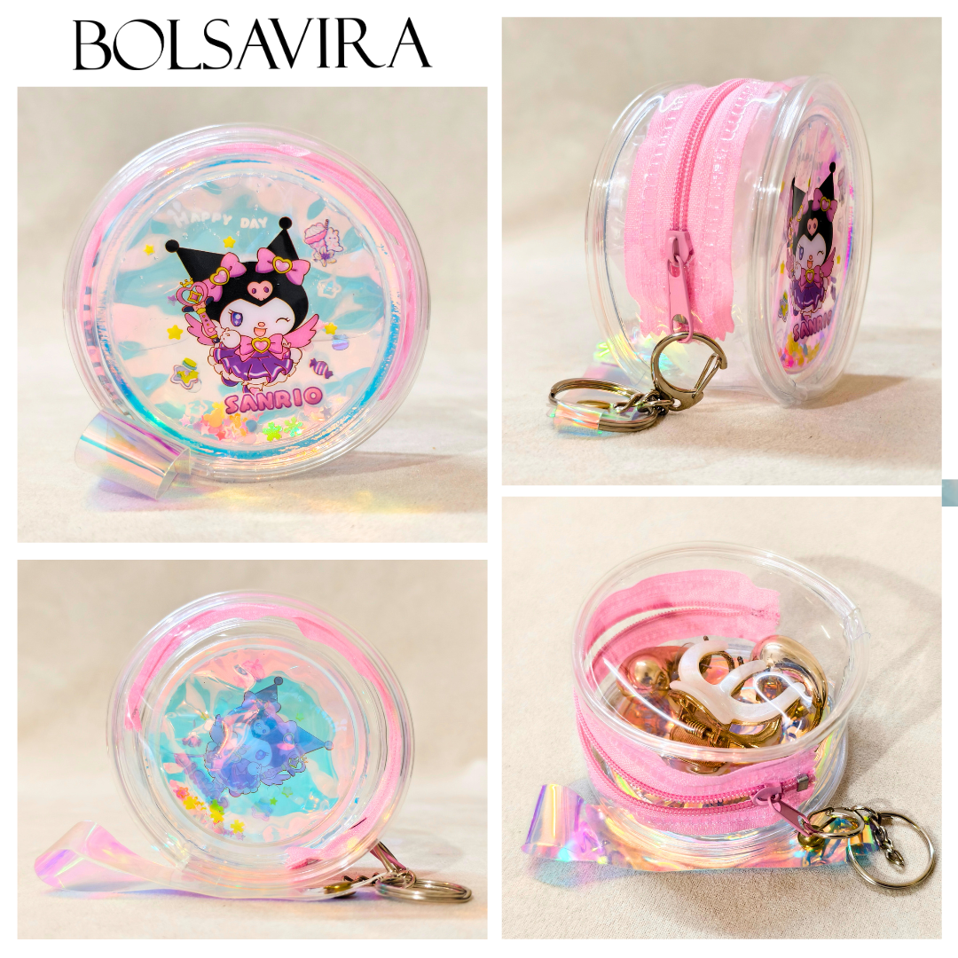 Collage of a pink and clear pouch with cartoon character design, featuring the brand 'BOLSAVIRA'.