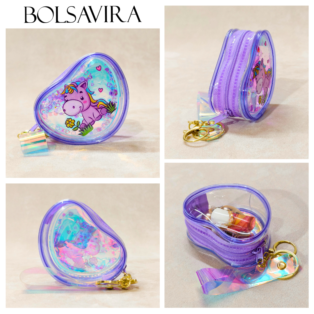 Collage of a purple coin purse with unicorn design and keychain on a beige background, featuring the brand 'BOLSAVIRA'.