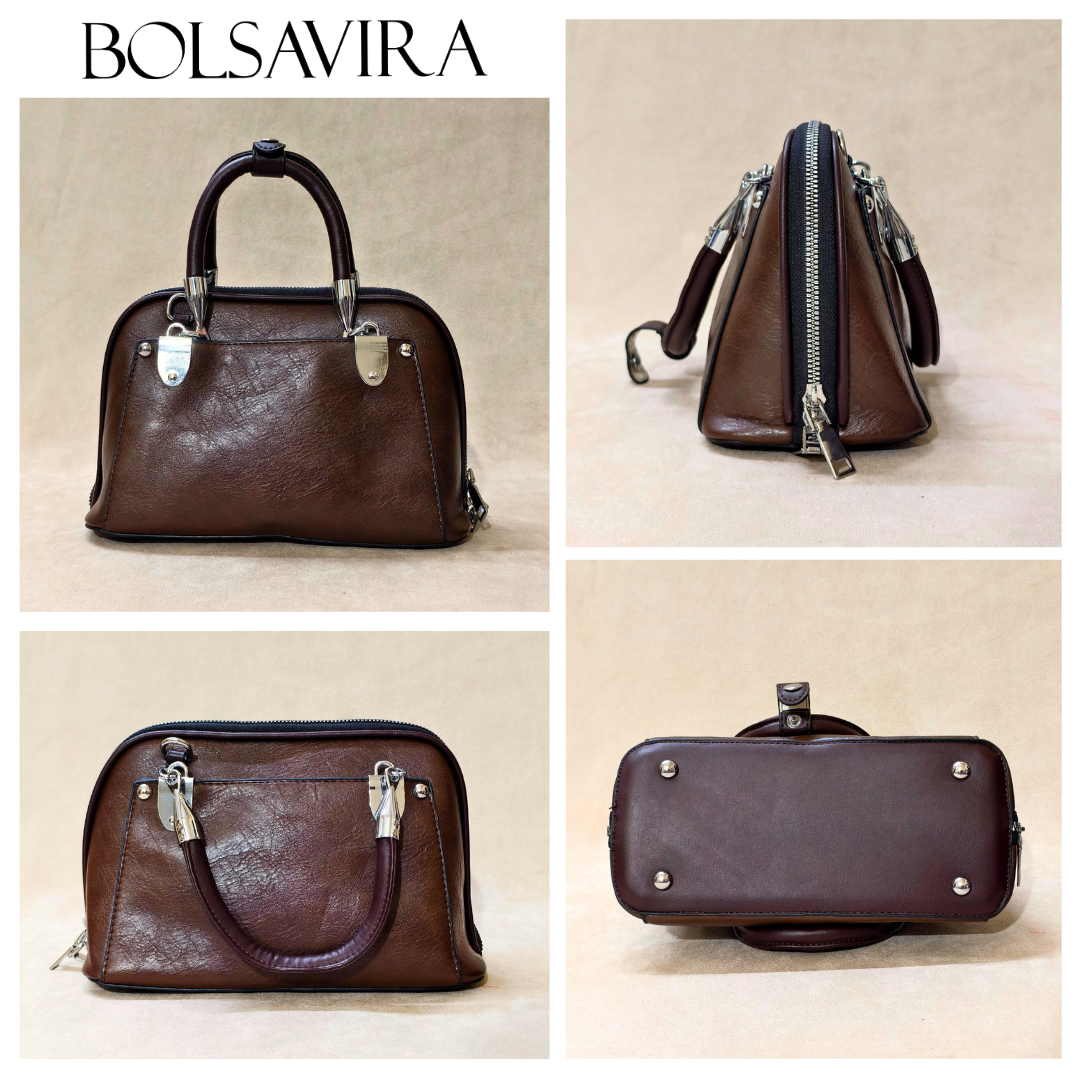 Brown leather handbag shown from multiple angles with 'BOLSAVIRA' branding.