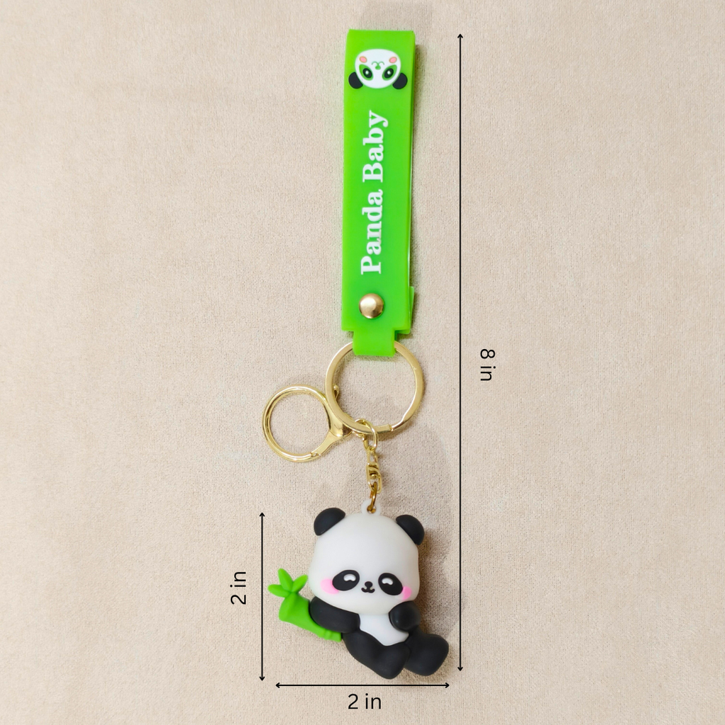 Keychain with panda design and green strap labeled 'Panda Baby' on a beige background