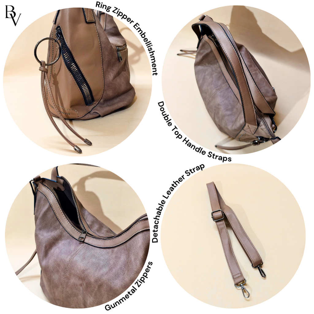 Collage of a brown leather bag with features highlighted on a beige background