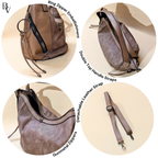 Collage of a brown leather bag with features highlighted on a beige background