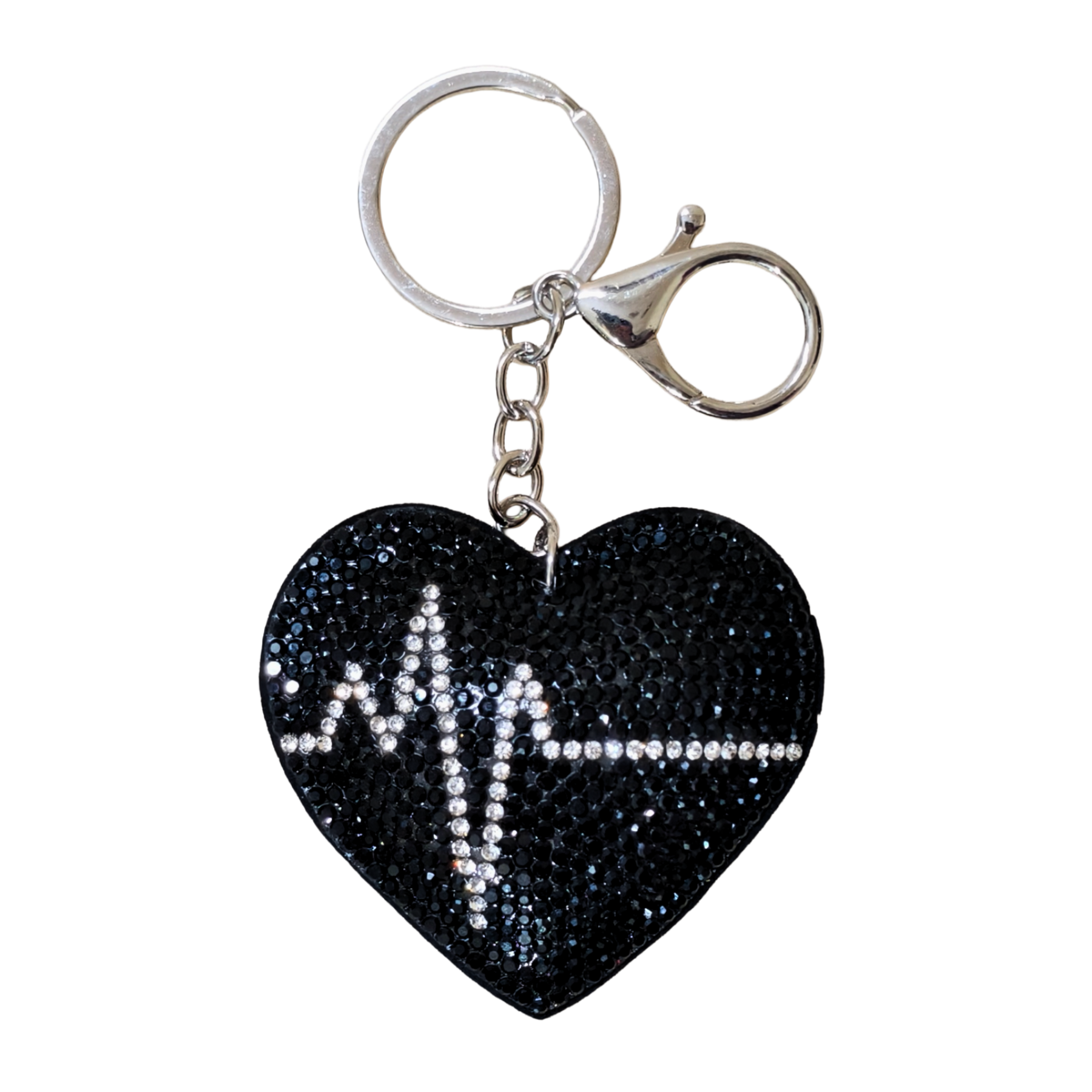 Black heart keychain with a metal latch in front of a white background