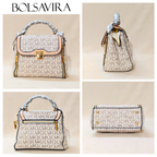 Collage of four handbags with visible 'Bolsavira' branding on a beige background.