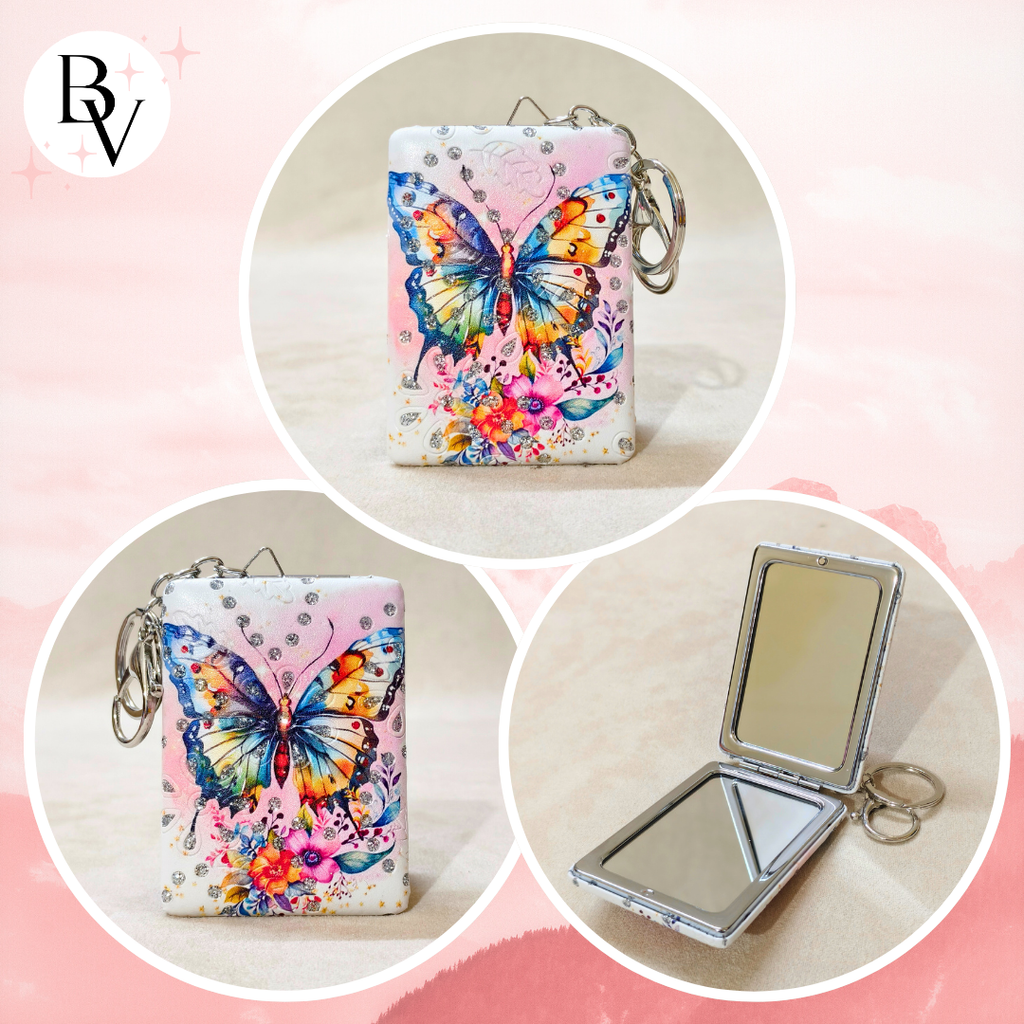 Collage of a butterfly-themed pouch and compact mirror with 'BV' logo.