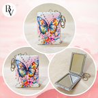 Collage of a butterfly-themed pouch and compact mirror with 'BV' logo.