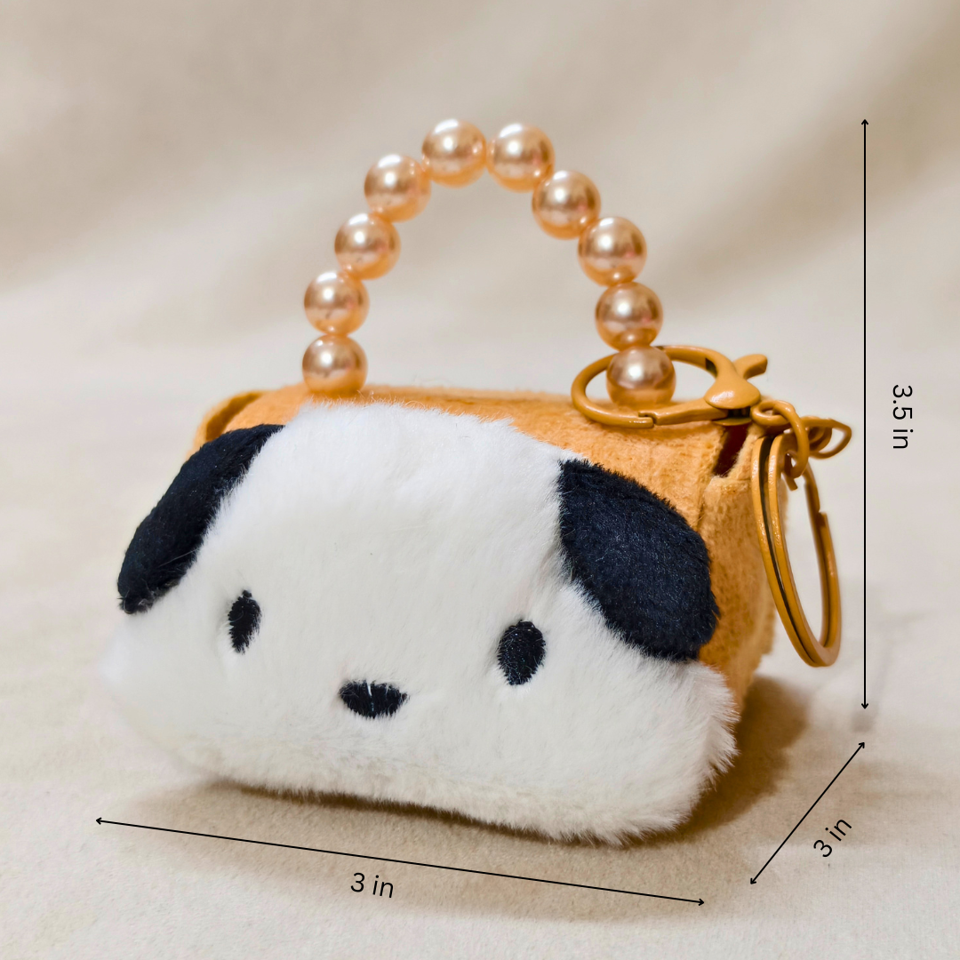 Plush dog-shaped handbag with pearl handle and measurements on a beige background
