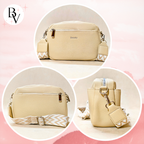 A beige pebbled faux-leather crossbody bag shown in three circular views on a soft pink background. The bag has a top zipper, a matching beige-and-white chevron patterned strap, and small gold-tone hardware.