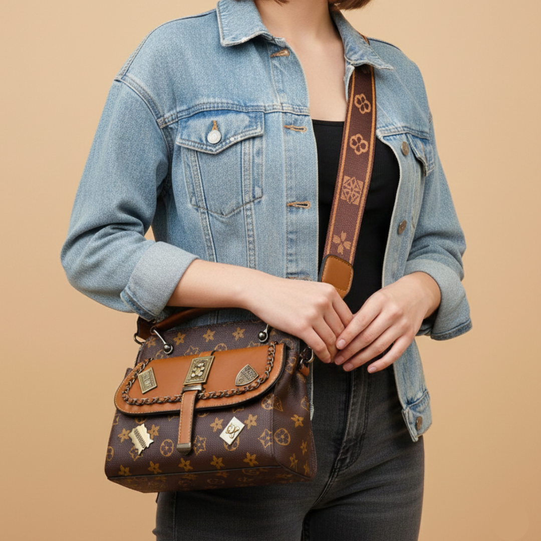 Person wearing a denim jacket holding a brown leather handbag with a patterned strap on a beige background