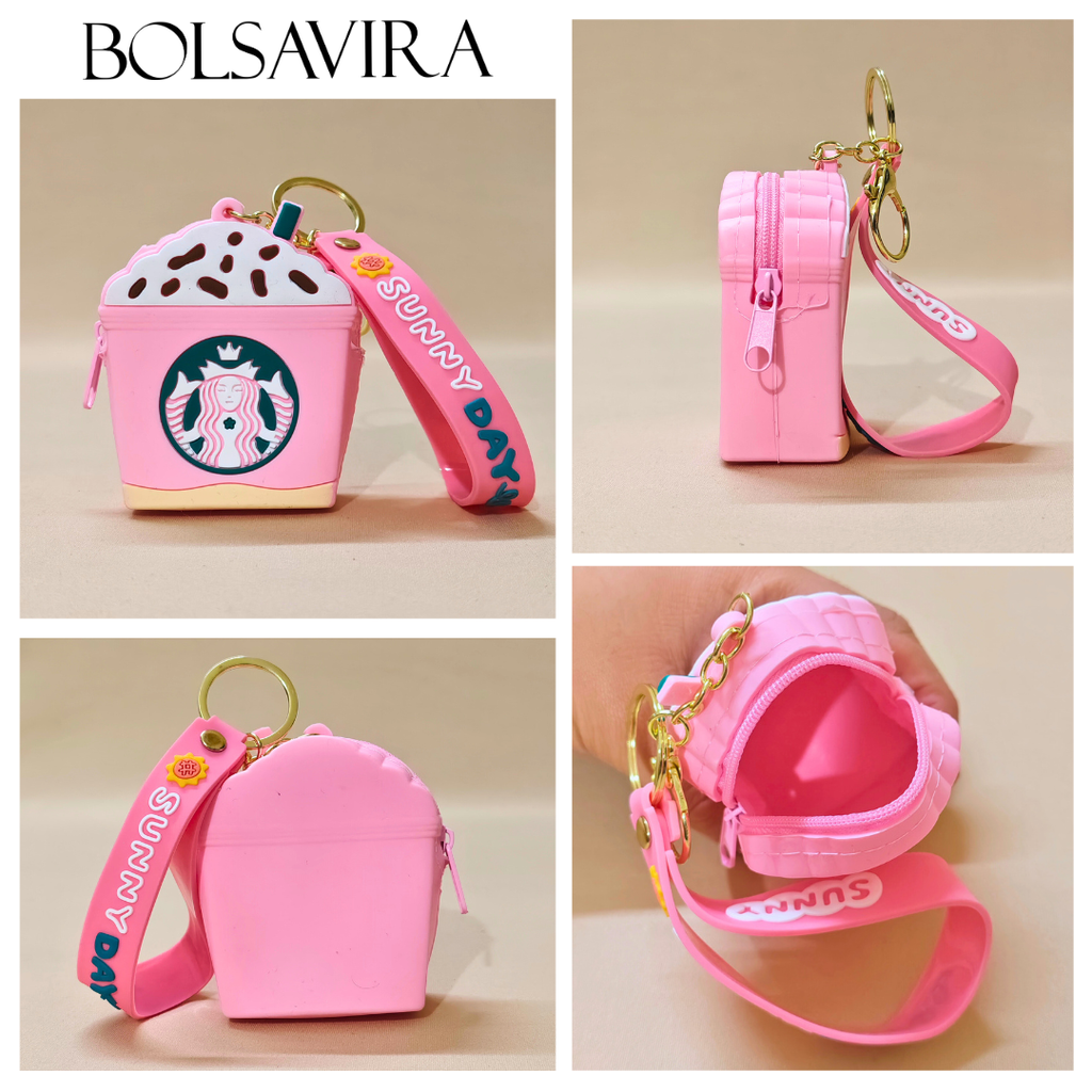 Pink star-shaped case with strap and 'BOLSAVIRA' branding on a beige background