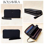 Black wallet with wrist strap and multiple views on a beige background, featuring the brand 'Bolsavira'.