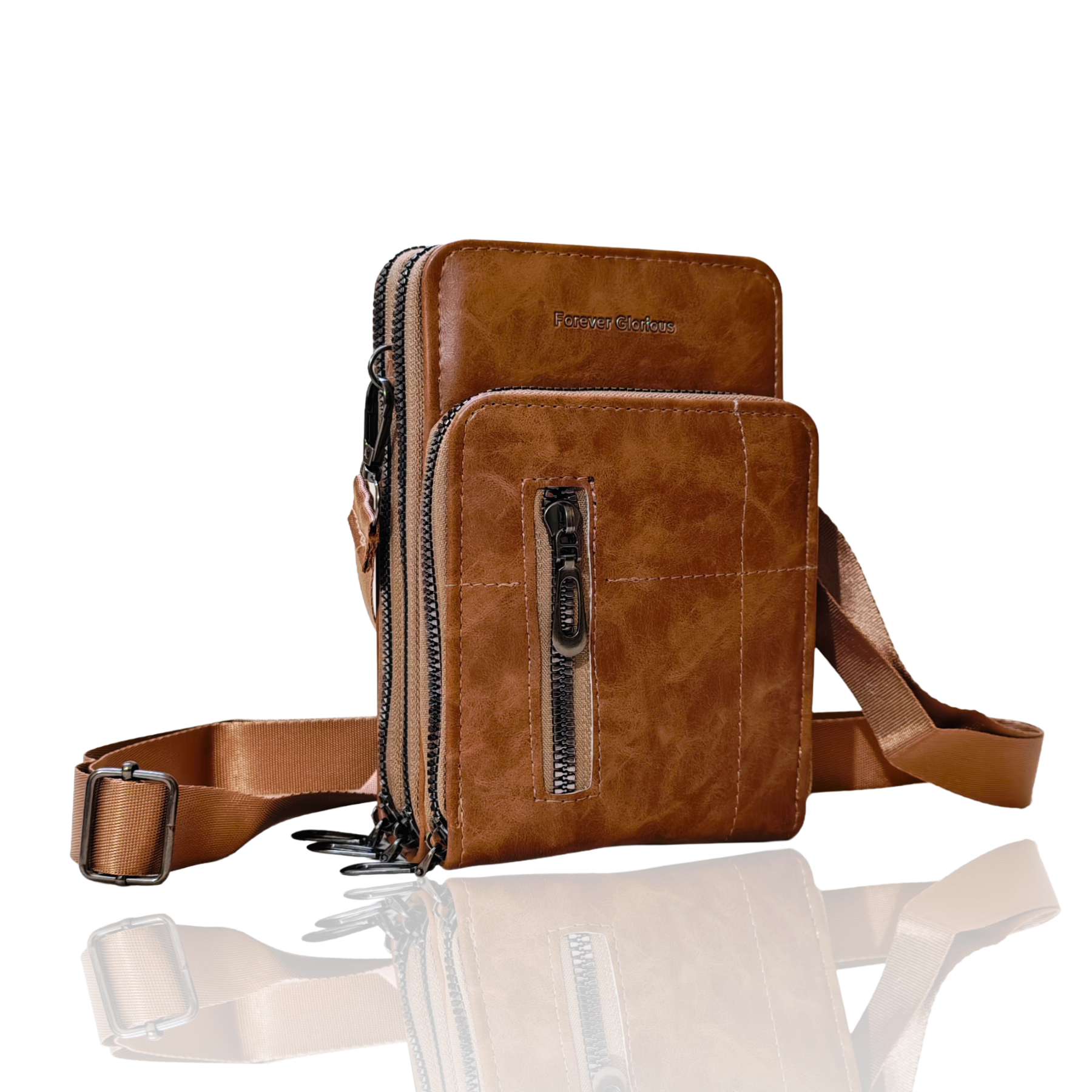Brown leather crossbody bag with multiple pockets on a white background