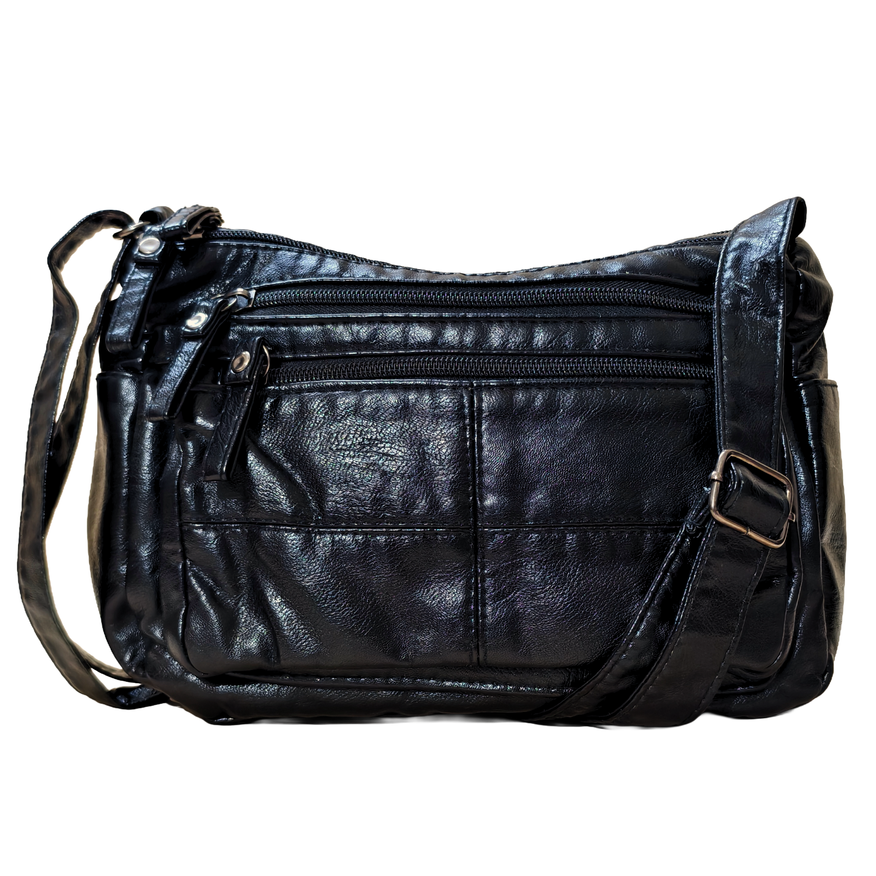 Black leather handbag with multiple zippers on a white background