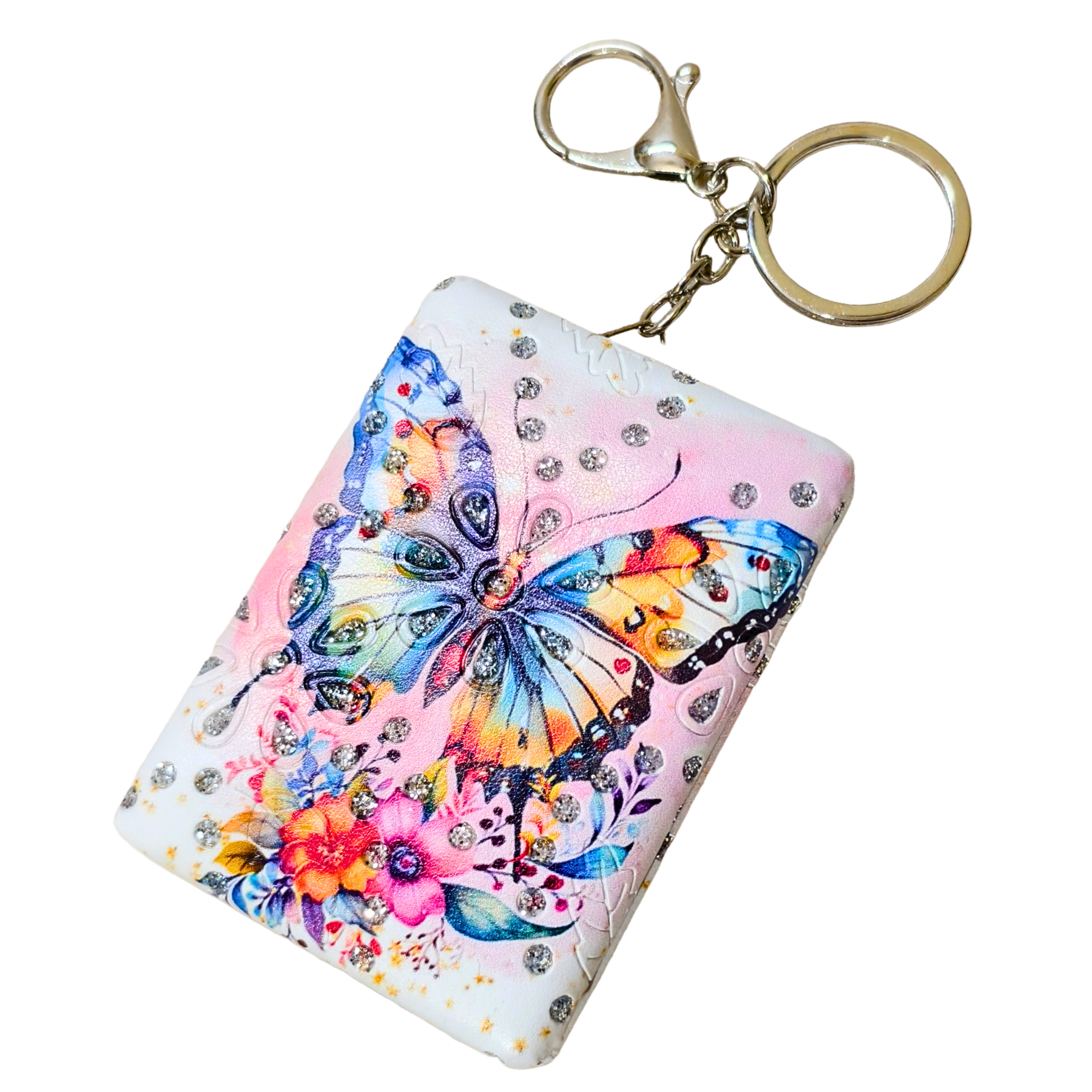 Colorful butterfly design keychain pouch on a white background
