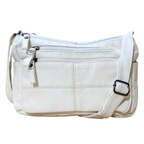 White leather handbag with multiple zippers on a white background