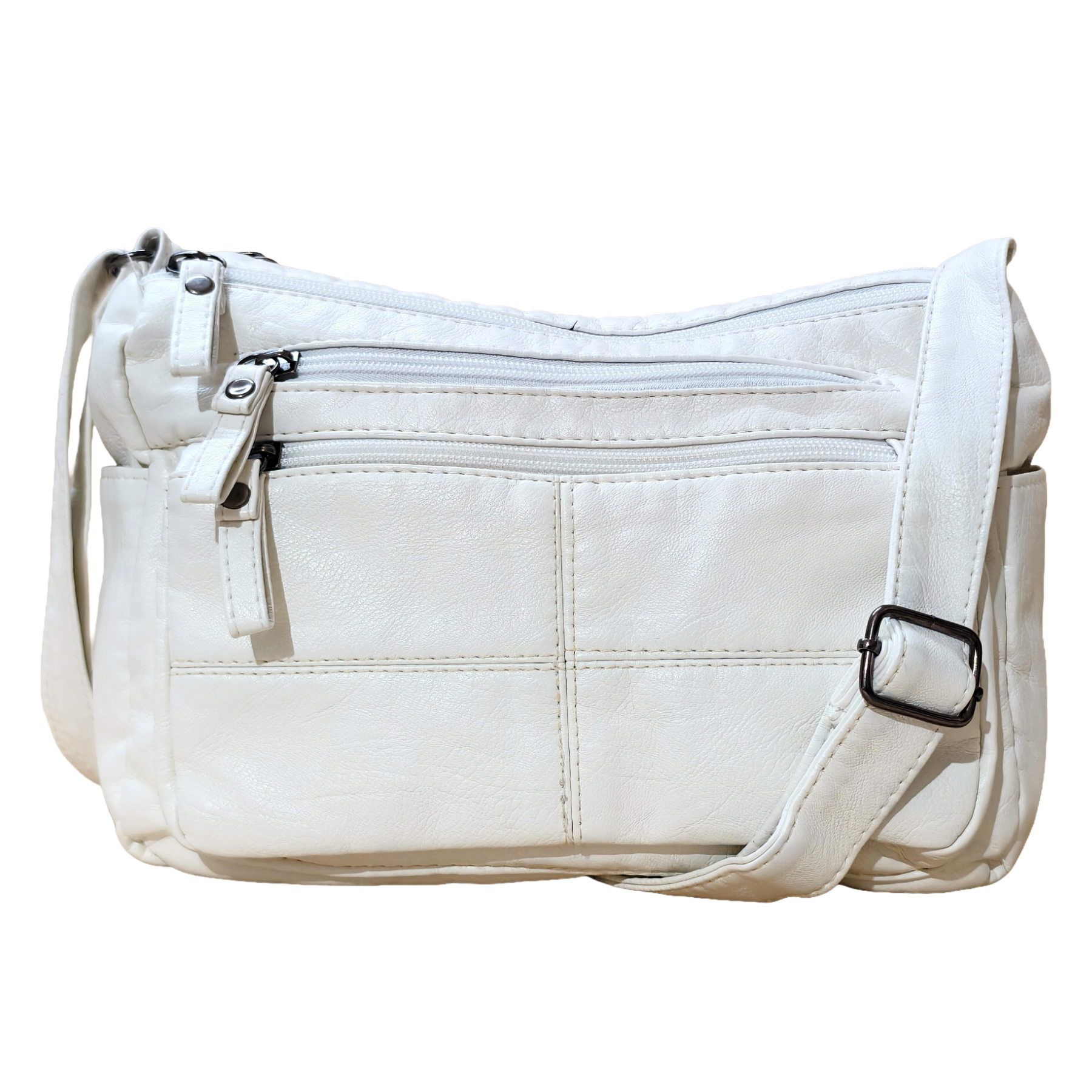 White leather handbag with multiple zippers on a white background