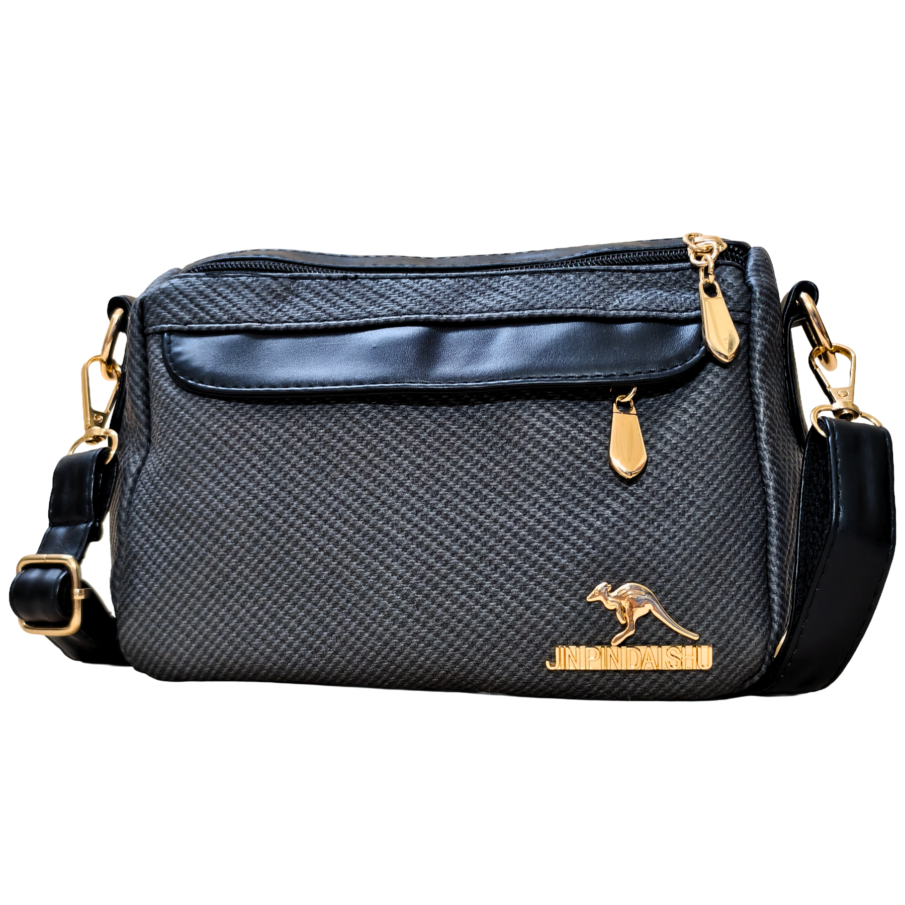 Black handbag with gold accents on a white background