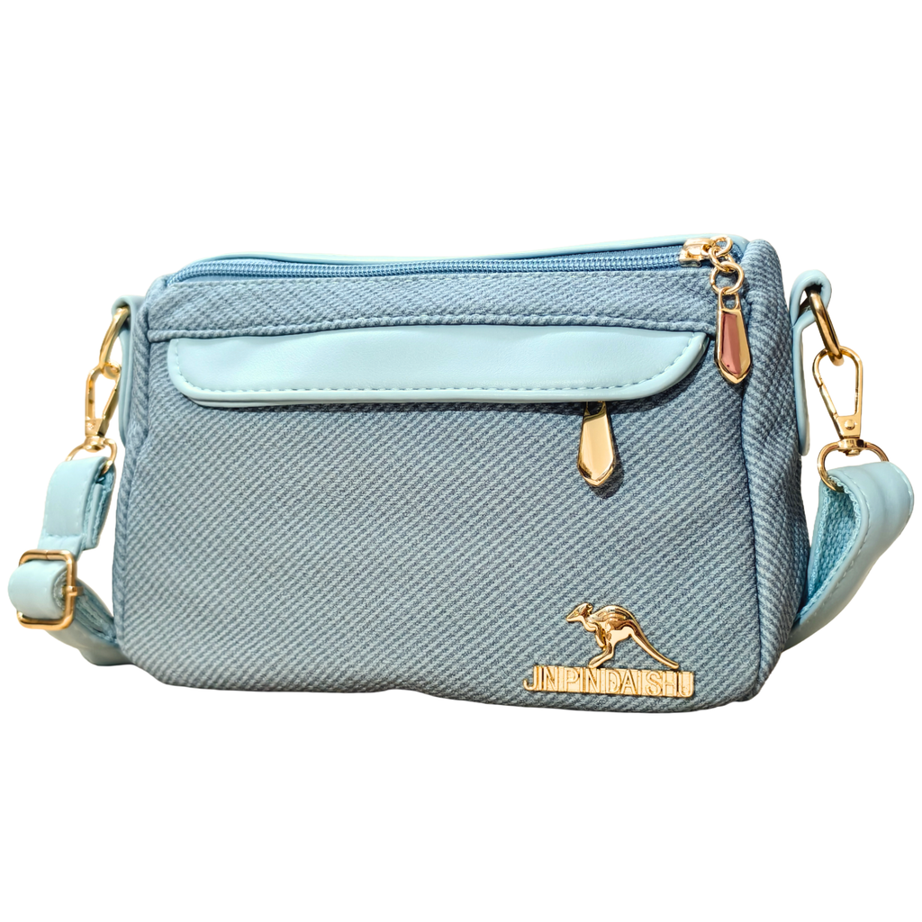 Light blue handbag with gold accents on a white background