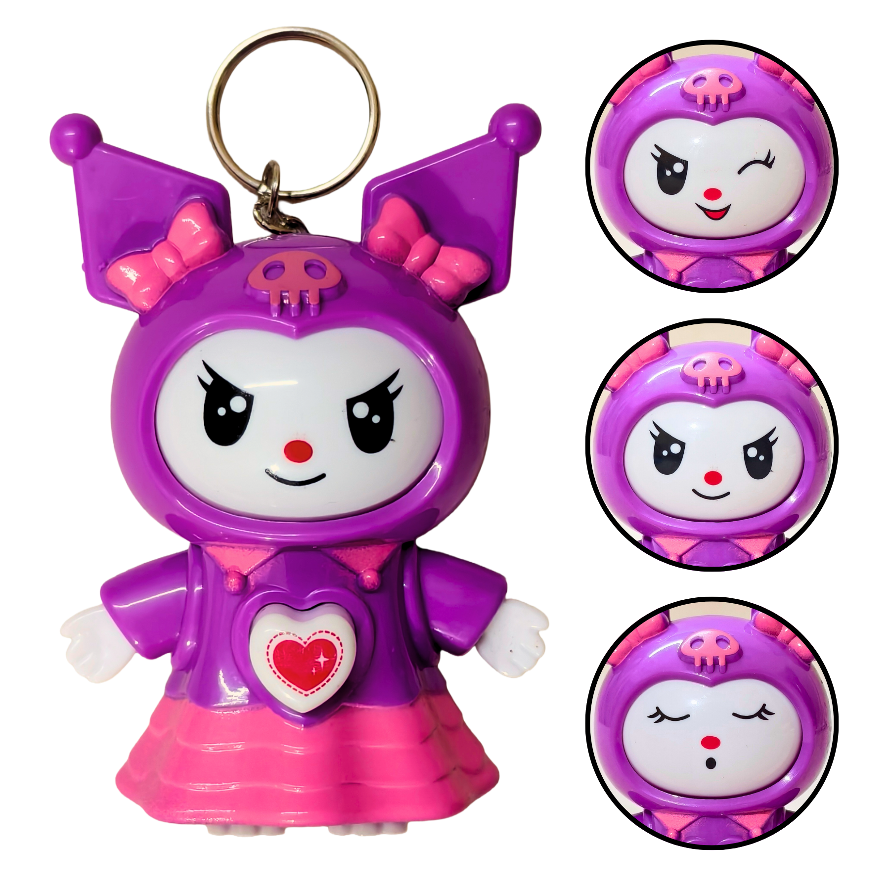 Purple Kuromi Face Changer Toy Keychain, Plastic Made Toy Keychain, Includes Spider, Bunny and Kuromi, 3 Changeable Expressions, Bag Charm for Kids and Teens
