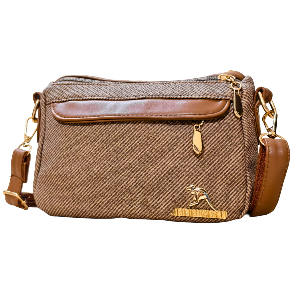 Brown textured handbag with gold accents on a white background