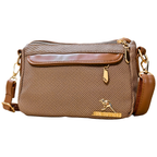 Brown textured handbag with gold accents on a white background
