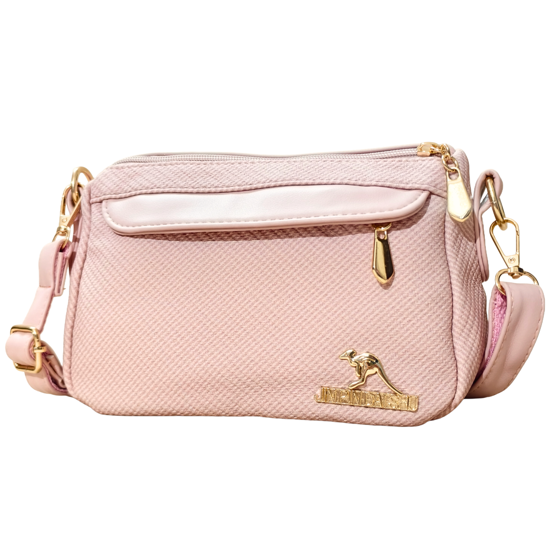 Pink handbag with gold accents on a white background