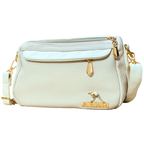 Beige handbag with gold accents on a white background