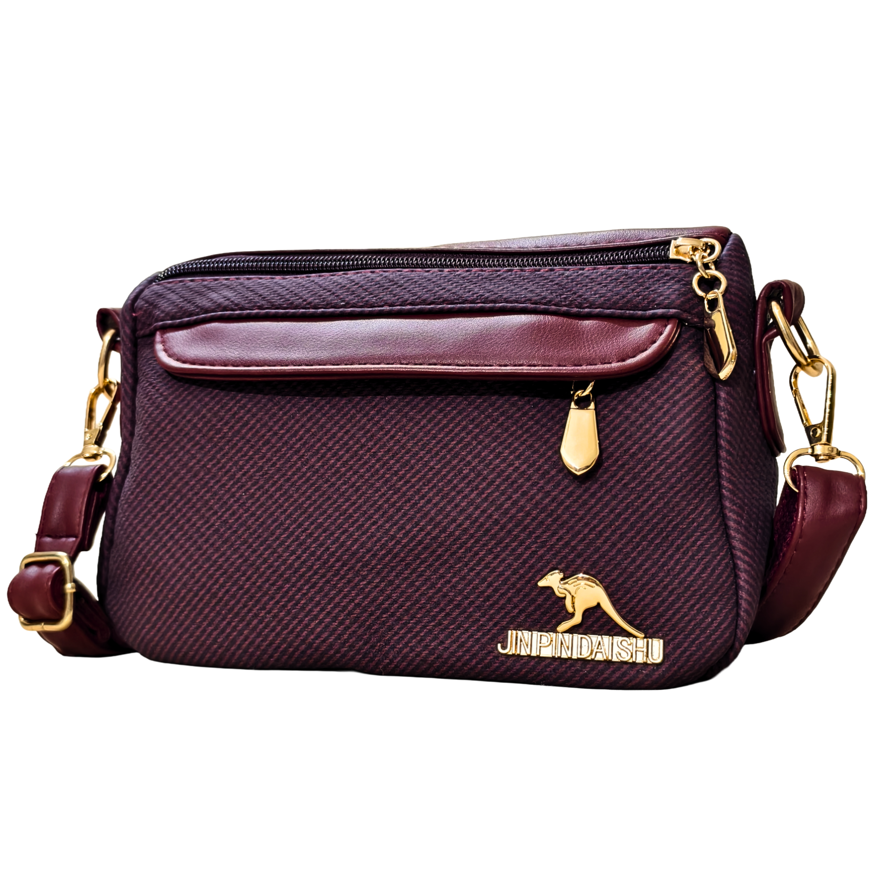 Purple handbag with gold accents and a visible brand logo on a white background