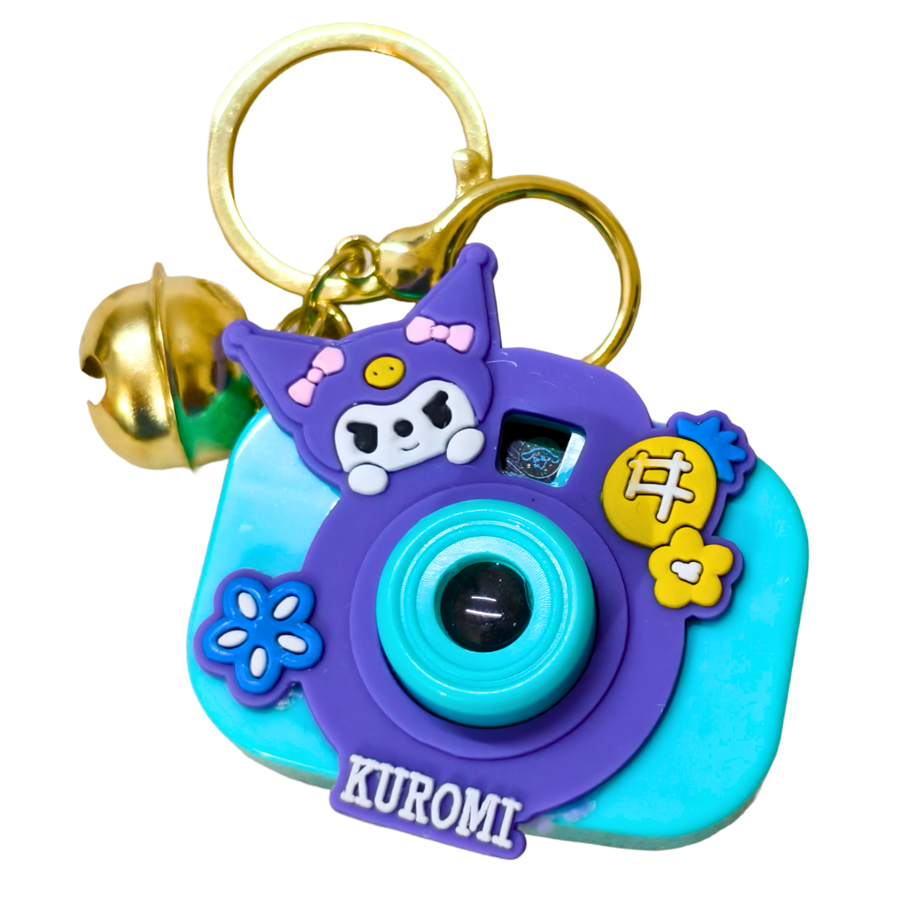 Colorful keychain camera with cartoon character and bell on a white background