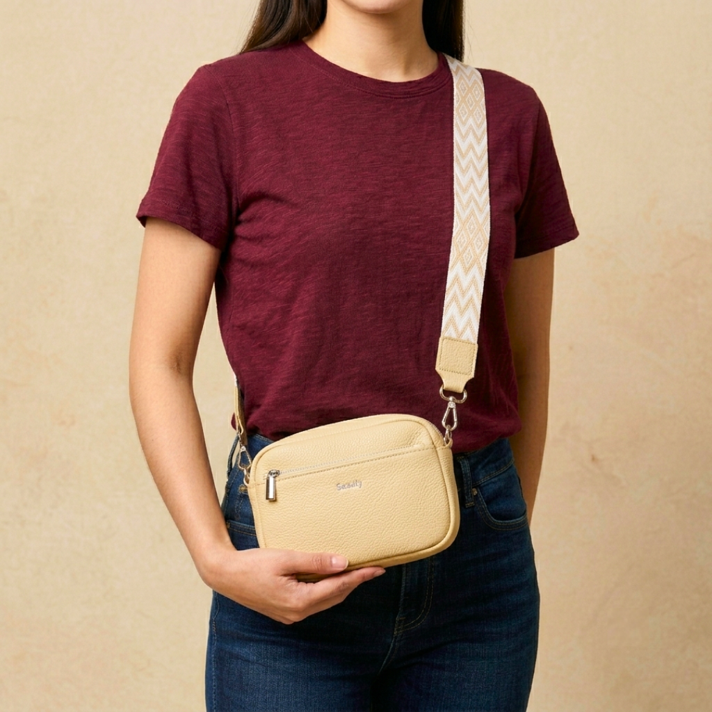 A woman wearing a maroon t-shirt and blue jeans models a small beige crossbody bag with a patterned beige and white strap. The bag has a small silver logo on the front pocket.