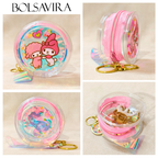 Collage of a pink and clear pouch with cartoon characters, keychain, and hair ties on a beige background.