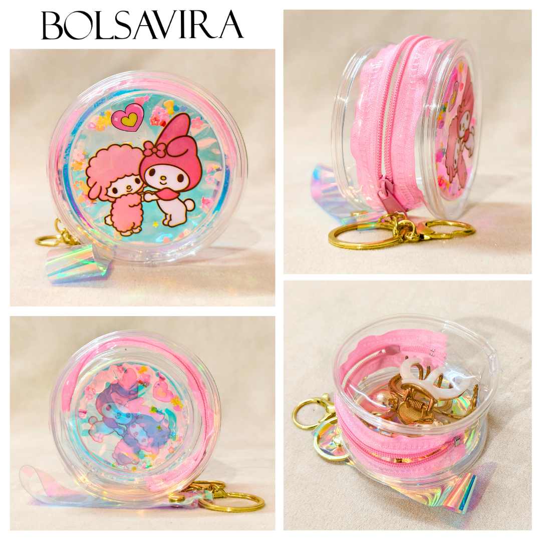 Collage of a pink and clear pouch with cartoon characters, keychain, and hair ties on a beige background.
