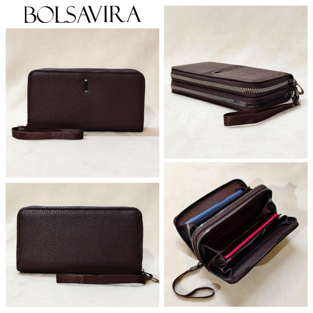Collage of a brown leather wallet with wrist strap by BOLSAVIRA on a light beige background.