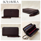 Collage of a brown leather wallet with wrist strap by BOLSAVIRA on a light beige background.