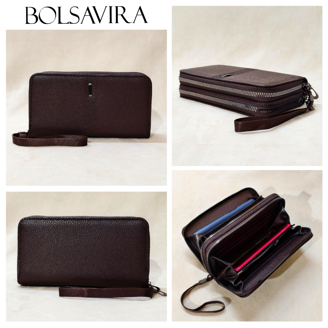 Collage of a brown leather wallet with wrist strap by BOLSAVIRA on a light beige background.