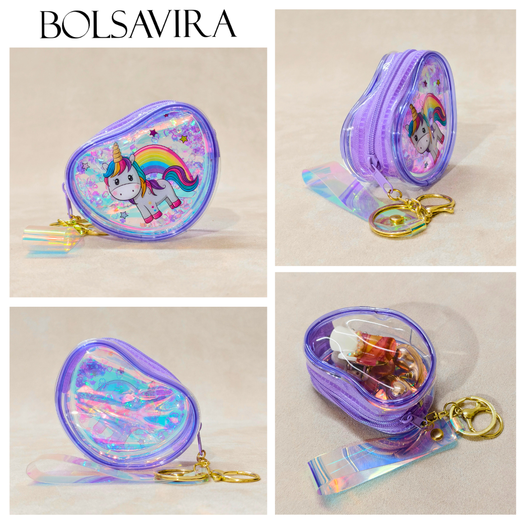 Collage of a purple coin purse with unicorn design and keychain on a beige background, featuring the brand 'BOLSAVIRA'.