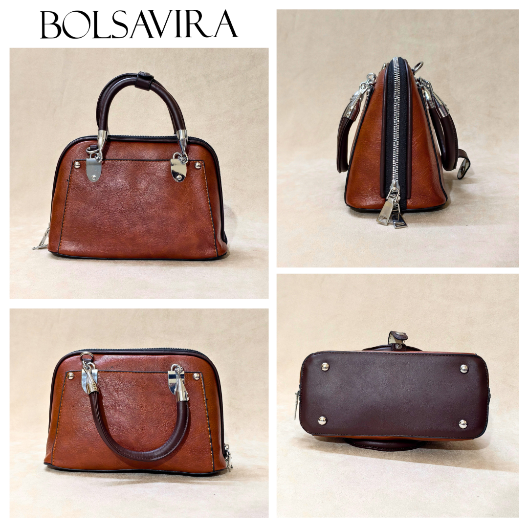 Collage of brown handbags by BOLSAVIRA on a beige background